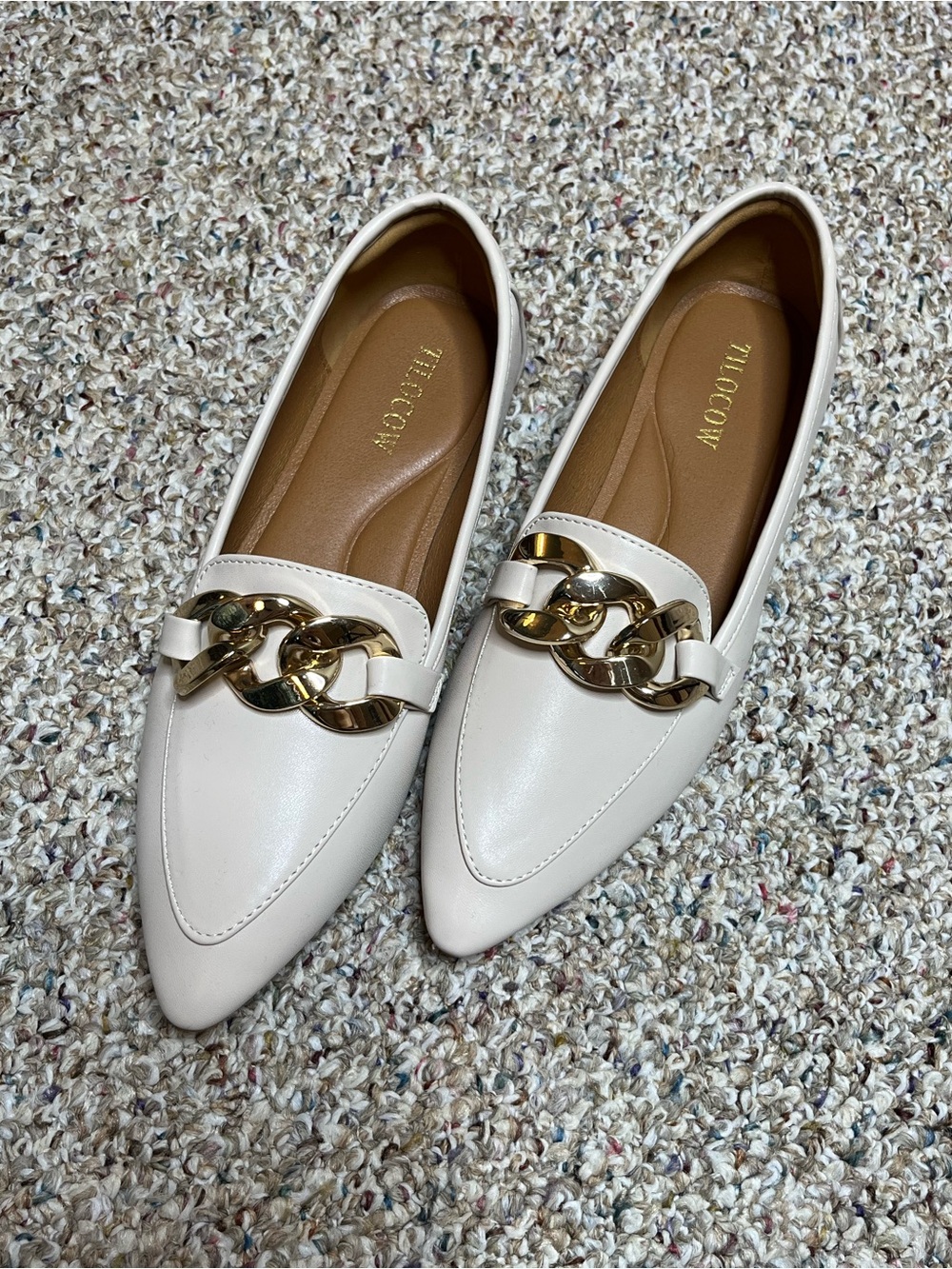 The Row-Inspired Cream Pointed Loafers with Gold Chain